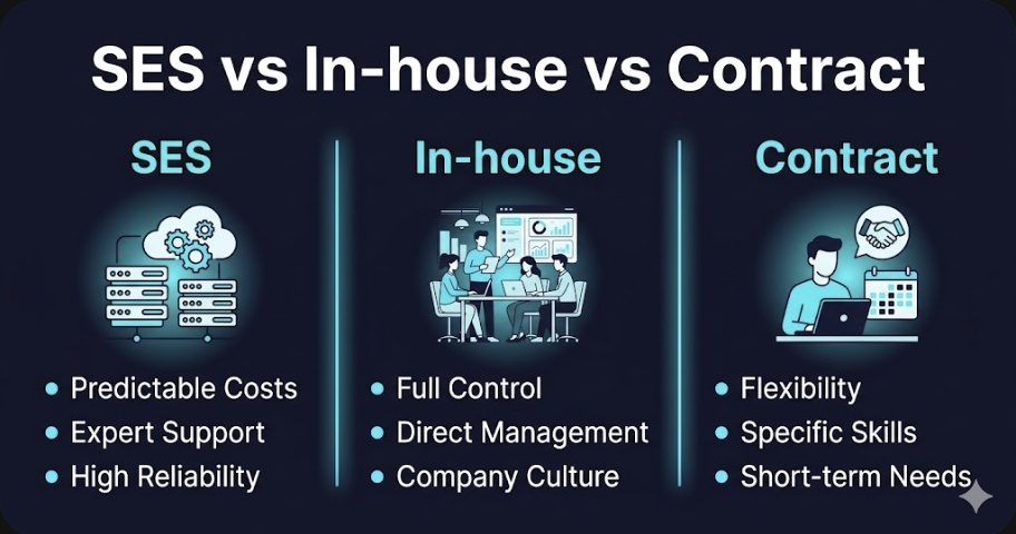SES vs 自社開発 vs 受託開発｜エンジニアの働き方を徹底比較【2026年版】